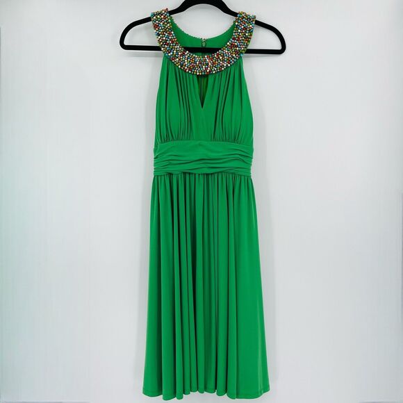 Suzi Chin Womens Dress Sz 8 Green Beaded Halter Sleeveless Keyhole Stretch Midi - Picture 2 of 10